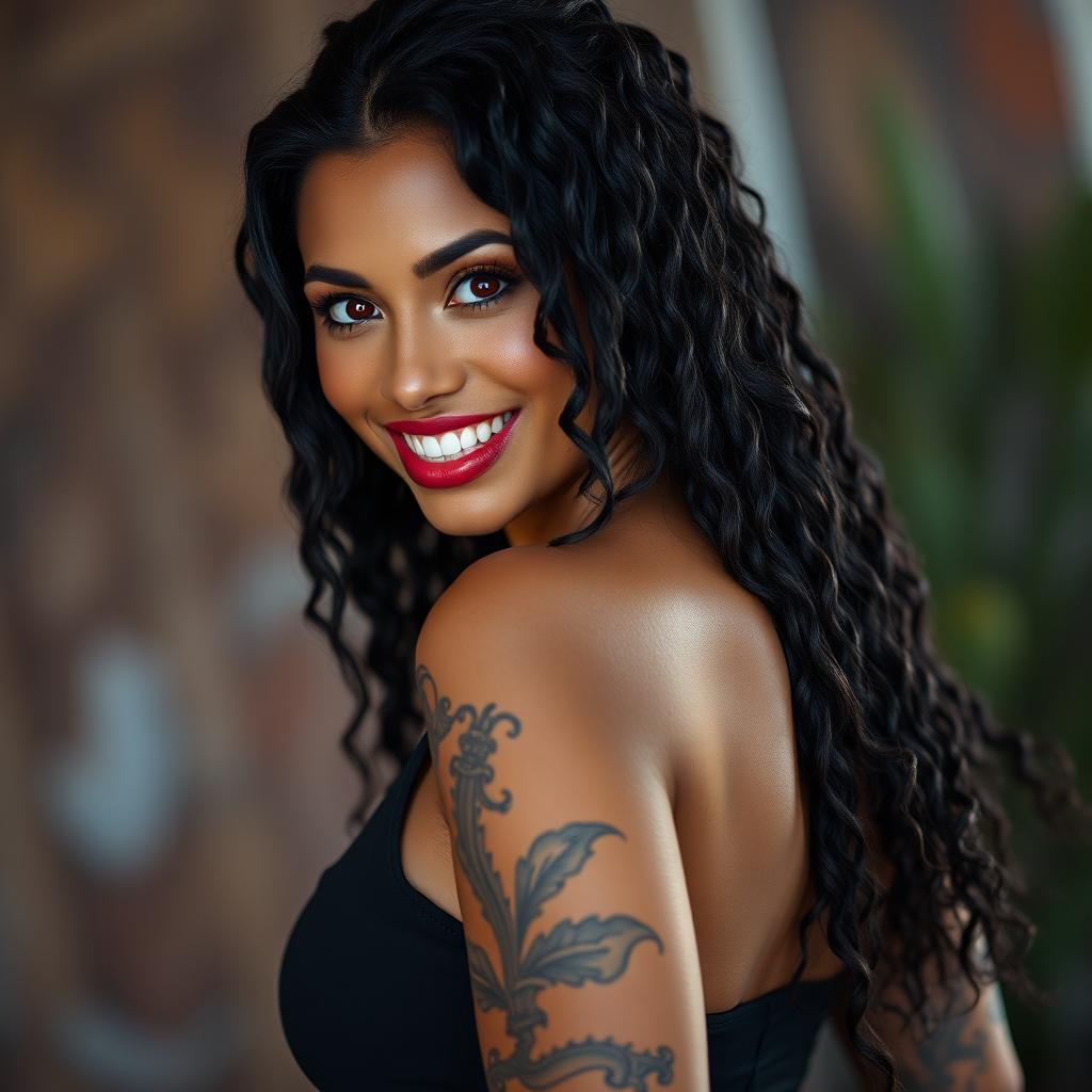 A beautiful Hispanic woman with dark tan skin and seductive red eyes
