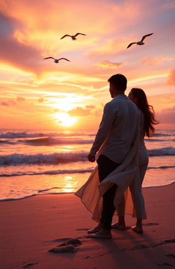 A serene and picturesque scene depicting a romantic couple standing on a beach during sunset