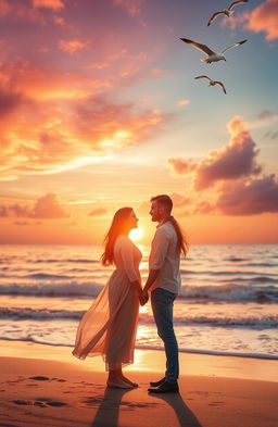 A serene and picturesque scene depicting a romantic couple standing on a beach during sunset
