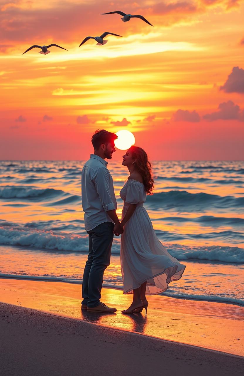 A serene and picturesque scene depicting a romantic couple standing on a beach during sunset