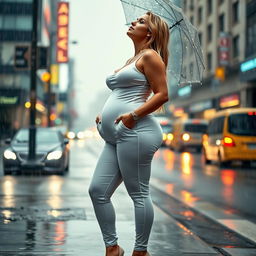 A beautiful, voluptuous, curvy 19-year-old blond girl stands confidently on a busy street sidewalk during a heavy rainstorm, not carrying an umbrella