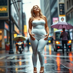 A beautiful, voluptuous, curvy 19-year-old blond girl stands confidently on a busy street sidewalk during a heavy rainstorm, not carrying an umbrella