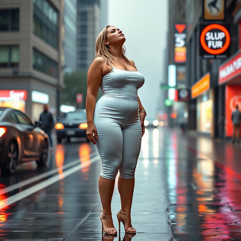 A beautiful, voluptuous, curvy 19-year-old blond girl stands confidently on a busy street sidewalk during a heavy rainstorm, not carrying an umbrella