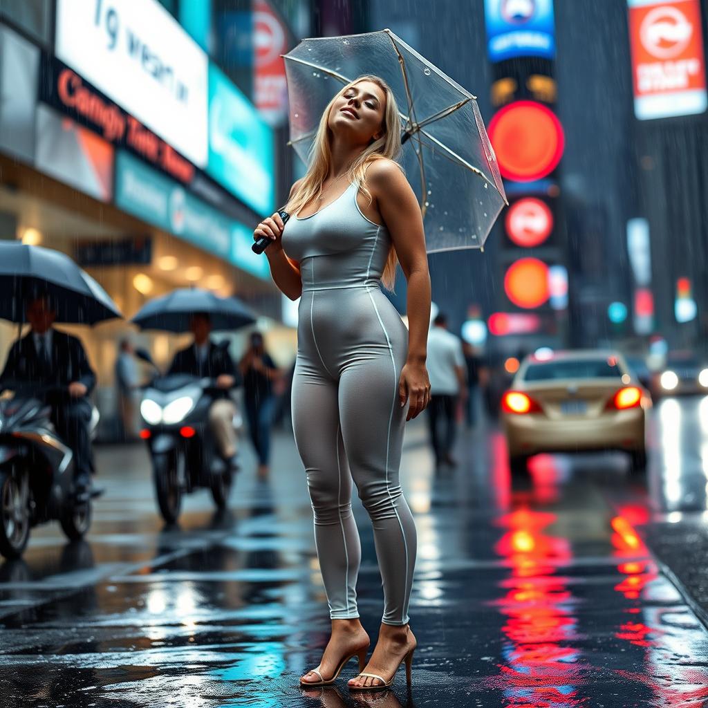 A beautiful, curvy, hourglass-shaped 19-year-old blond girl stands confidently on a busy street sidewalk during a heavy rainstorm, not carrying an umbrella