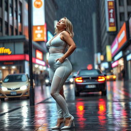 A beautiful, curvy, hourglass-shaped 19-year-old blond girl stands confidently on a busy street sidewalk during a heavy rainstorm, not carrying an umbrella