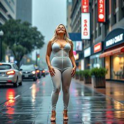 A beautiful, curvy, hourglass-shaped 19-year-old blond girl stands confidently on a busy street sidewalk facing the viewer, during a heavy rainstorm
