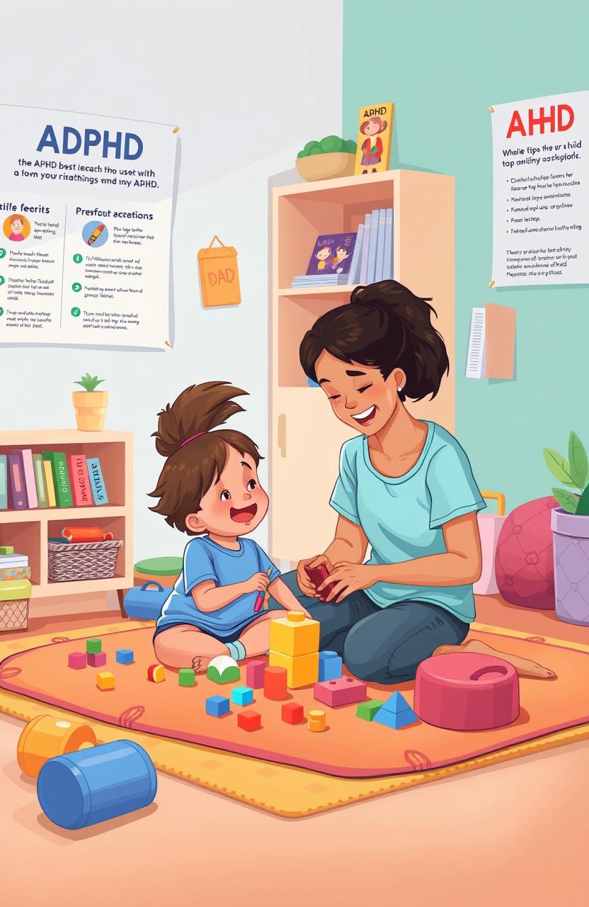 A thorough and visually engaging illustration depicting care strategies for children with ADHD