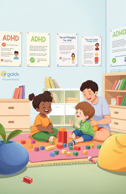 A thorough and visually engaging illustration depicting care strategies for children with ADHD