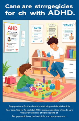 A thorough and visually engaging illustration depicting care strategies for children with ADHD