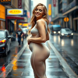 A beautiful, curvy, hourglass-shaped woman with blonde hair stands on a sidewalk in a busy street during heavy rain