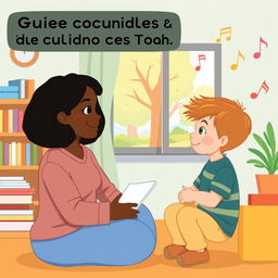 Um guia visual para os cuidados de crianças com TDAH, com uma ilustração vibrante que mostra uma terapeuta conversando com uma criança em um ambiente acolhedor e colorido