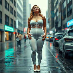 A full-length, front view of a beautiful, curvy, hourglass-shaped 19-year-old blonde woman standing on a sidewalk in a busy street while it's raining heavily