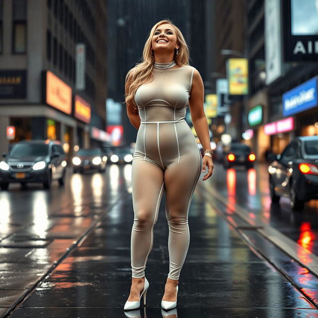 A full-length, front view of a beautiful, curvy, hourglass-shaped 19-year-old blonde woman standing on a sidewalk in a busy street while it's raining heavily