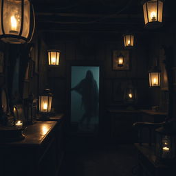 A dimly lit, spooky room illuminated by several flickering lanterns, casting eerie shadows on the walls