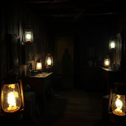 A dimly lit, spooky room illuminated by several flickering lanterns, casting eerie shadows on the walls