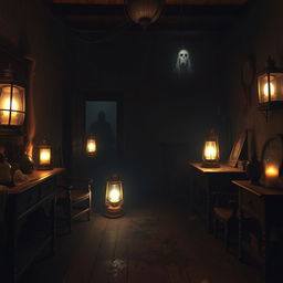 A dimly lit, spooky room illuminated by several flickering lanterns, casting eerie shadows on the walls