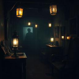 A dimly lit, spooky room illuminated by several flickering lanterns, casting eerie shadows on the walls