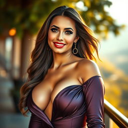 A vibrant, alluring portrait of a confident woman with large breasts, wearing an elegant and stylish outfit that highlights her curves