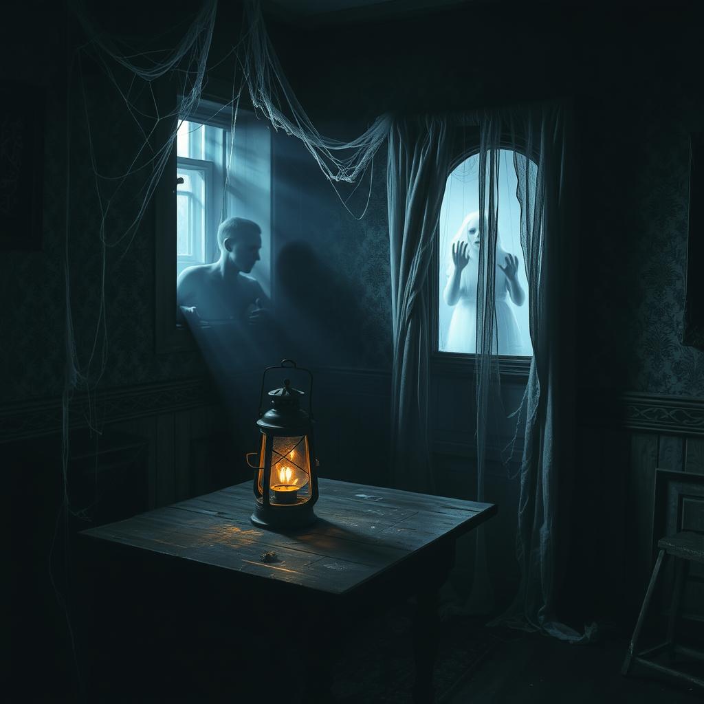 A spooky, dark room with dim lighting, featuring cobwebs in the corners, an old wooden table with a dusty lantern, shadowy figures looming in the background, and an eerie atmosphere