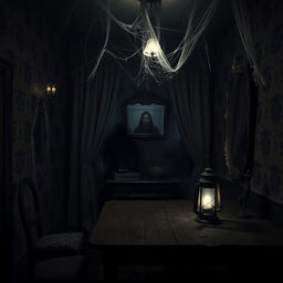 A spooky, dark room with dim lighting, featuring cobwebs in the corners, an old wooden table with a dusty lantern, shadowy figures looming in the background, and an eerie atmosphere