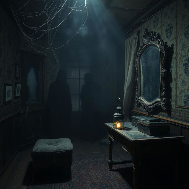 A spooky, dark room with dim lighting, featuring cobwebs in the corners, an old wooden table with a dusty lantern, shadowy figures looming in the background, and an eerie atmosphere