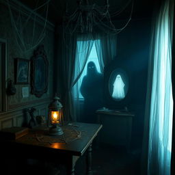 A spooky, dark room with dim lighting, featuring cobwebs in the corners, an old wooden table with a dusty lantern, shadowy figures looming in the background, and an eerie atmosphere