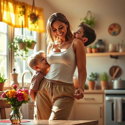 A surreal scene depicting the intimate bond between a loving mother and son, standing next to each other in a warm, cozy kitchen filled with sunlight