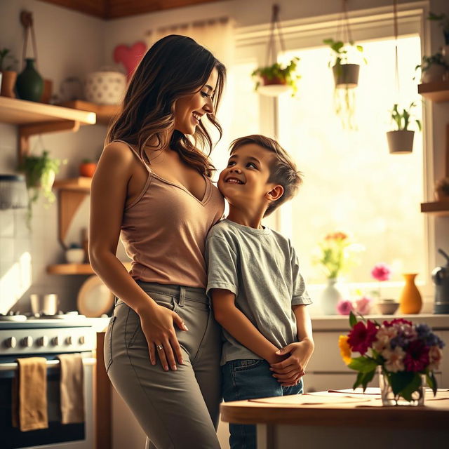 A surreal scene depicting the intimate bond between a loving mother and son, standing next to each other in a warm, cozy kitchen filled with sunlight