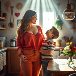 A surreal scene depicting the intimate bond between a loving mother and son, standing next to each other in a warm, cozy kitchen filled with sunlight