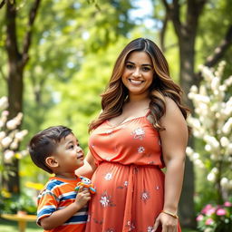 A close-up portrait of a beautiful, confident woman with a curvy figure, wearing a stylish summer dress that showcases her figure gracefully