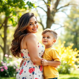 A close-up portrait of a beautiful, confident woman with a curvy figure, wearing a stylish summer dress that showcases her figure gracefully