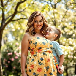 A close-up portrait of a beautiful, confident woman with a curvy figure, wearing a stylish summer dress that showcases her figure gracefully