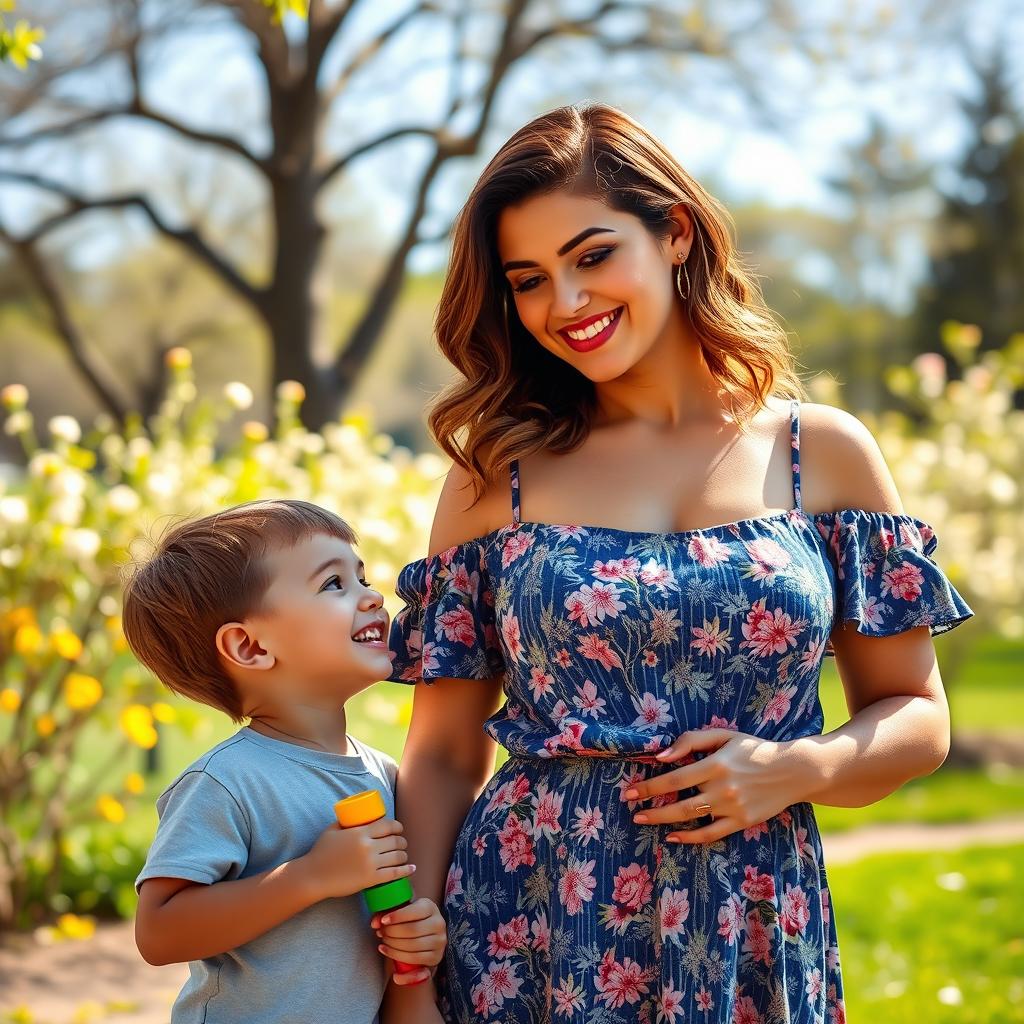 A close-up portrait of a beautiful, confident woman with a curvy figure, wearing a stylish summer dress that showcases her figure gracefully