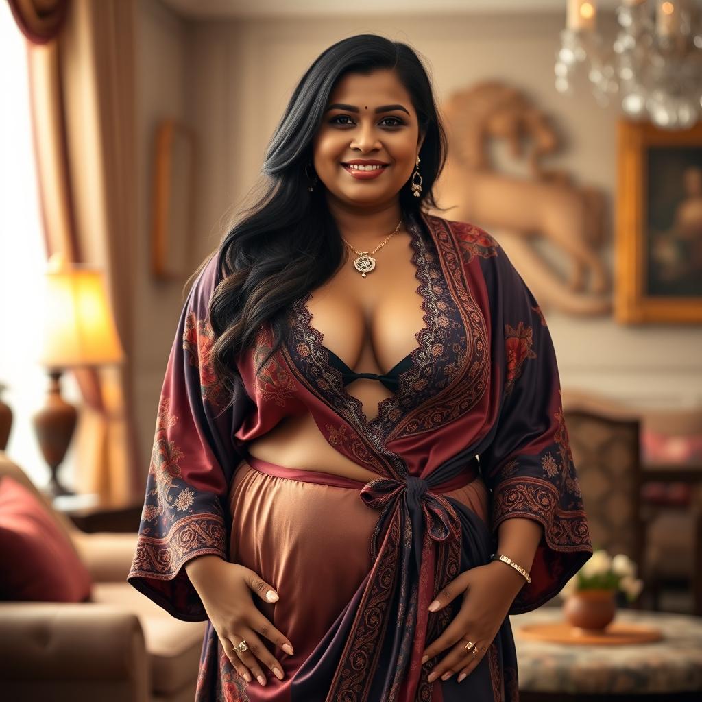 A busty, curvy Indian mature woman with a fuller figure, elegantly draped in a luxurious robe that highlights her deep cleavage and showcases her narrow tummy