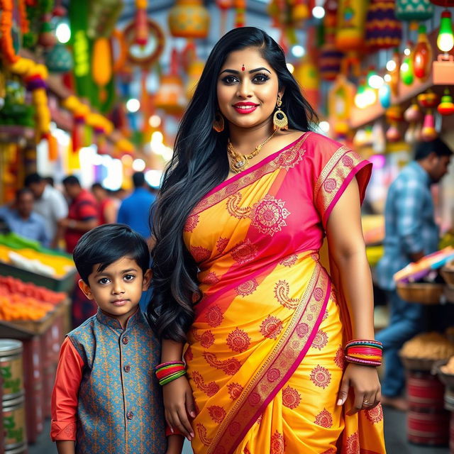 A busty and curvy Indian woman, showcasing her beautiful traditional attire with intricate designs, standing confidently in a vibrant Indian market