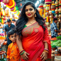 A busty and curvy Indian woman, showcasing her beautiful traditional attire with intricate designs, standing confidently in a vibrant Indian market
