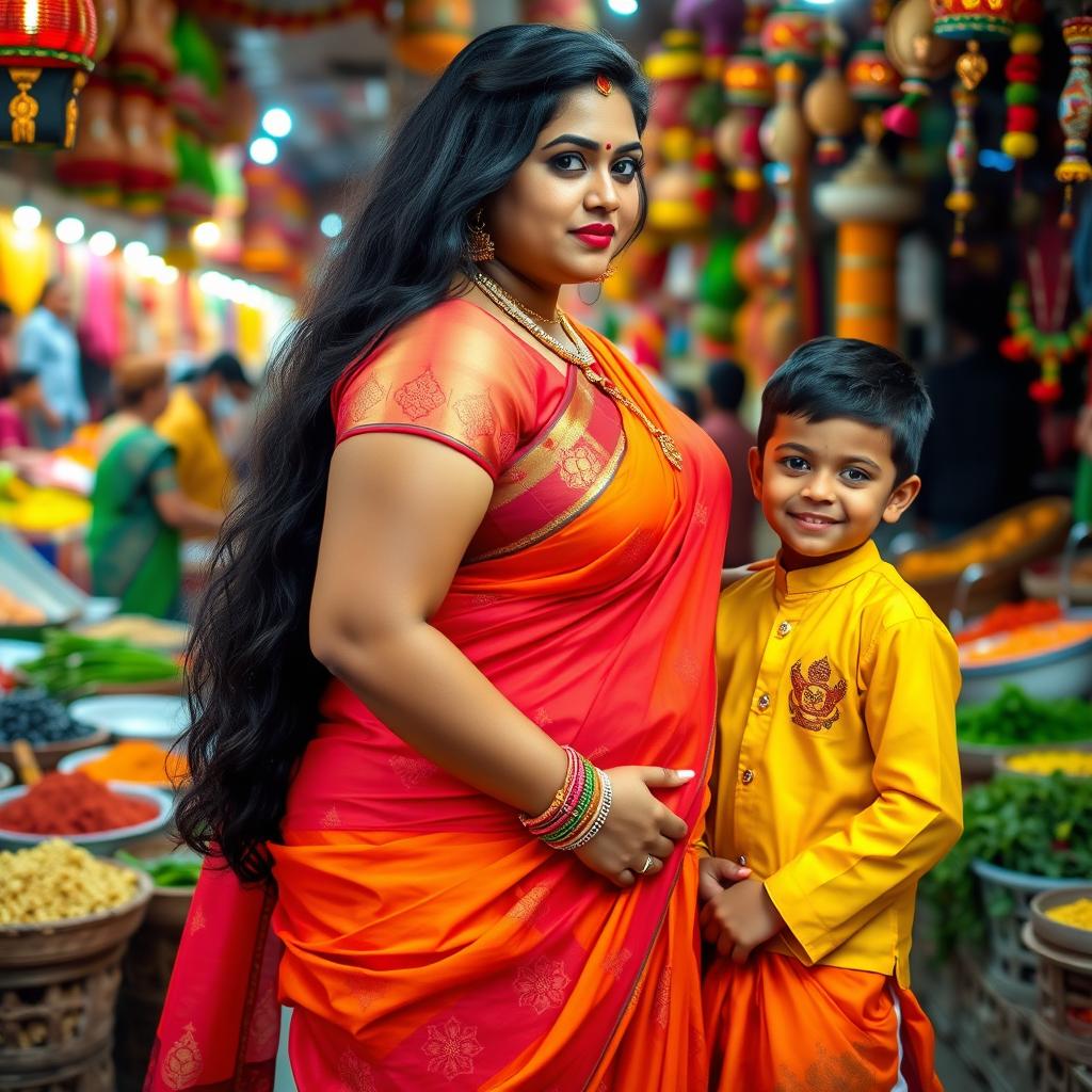 A busty and curvy Indian woman, showcasing her beautiful traditional attire with intricate designs, standing confidently in a vibrant Indian market