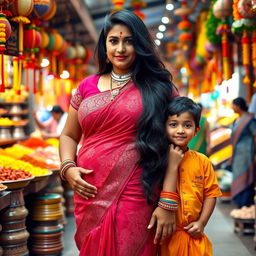 A busty and curvy Indian woman, showcasing her beautiful traditional attire with intricate designs, standing confidently in a vibrant Indian market