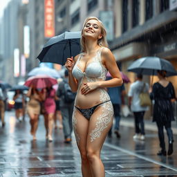 A full-length, front view of a beautiful, curvy, hourglass-shaped 19-year-old blonde girl standing confidently on a sidewalk in a busy street during a heavy rain