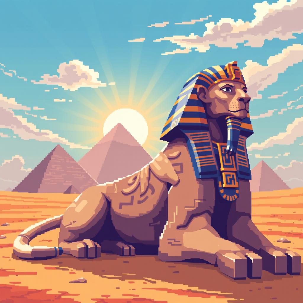 A pixel art style sphinx for a video game, featuring a majestic and enigmatic creature with a lion's body and a human head, adorned with intricate ancient Egyptian symbols