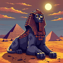 A pixel art style sphinx for a video game, featuring a majestic and enigmatic creature with a lion's body and a human head, adorned with intricate ancient Egyptian symbols