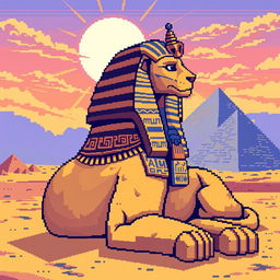 A pixel art style sphinx for a video game, featuring a majestic and enigmatic creature with a lion's body and a human head, adorned with intricate ancient Egyptian symbols