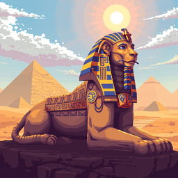 A pixel art style sphinx for a video game, featuring a majestic and enigmatic creature with a lion's body and a human head, adorned with intricate ancient Egyptian symbols