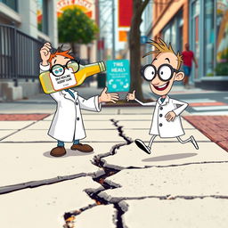 A humorous scene featuring a cracked sidewalk with a cartoon character in a white lab coat, excitedly pouring a bottle labeled "self-healing agent" onto the crack