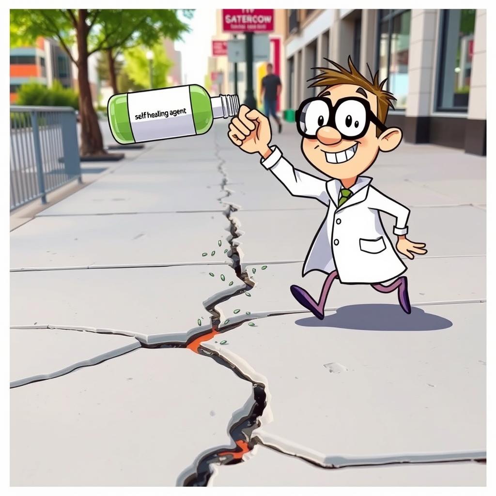 A humorous scene featuring a cracked sidewalk with a cartoon character in a white lab coat, excitedly pouring a bottle labeled "self-healing agent" onto the crack