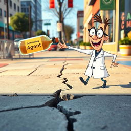 A humorous scene featuring a cracked sidewalk with a cartoon character in a white lab coat, excitedly pouring a bottle labeled "self-healing agent" onto the crack