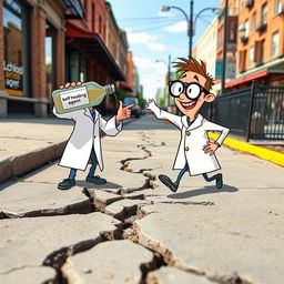 A humorous scene featuring a cracked sidewalk with a cartoon character in a white lab coat, excitedly pouring a bottle labeled "self-healing agent" onto the crack