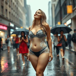 A full-length, front view of a beautiful, curvy, hourglass-shaped 19-year-old blonde girl standing on a sidewalk in a busy street during a heavy rain