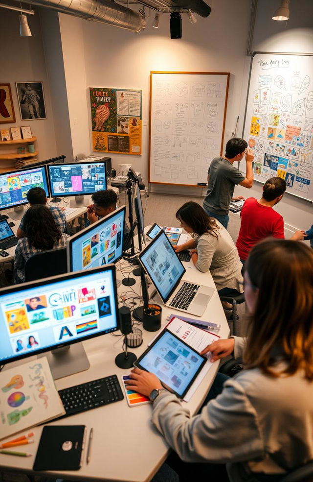 A professional graphic design studio during production and pre-production phases, showcasing artists working on computer screens filled with colorful graphic designs and illustrations