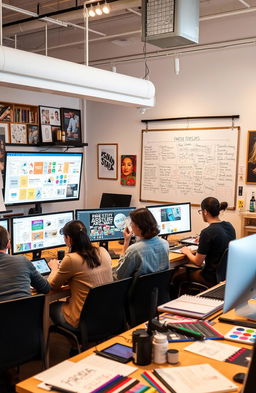 A professional graphic design studio during production and pre-production phases, showcasing artists working on computer screens filled with colorful graphic designs and illustrations